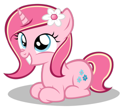 Size: 2660x2320 | Tagged: safe, artist:strategypony, oc, oc only, oc:rosa flame, pony, unicorn, behaving like a cat, female, filly, flower, flower in hair, grin, high res, horn, simple background, sitting, smiling, solo, transparent background, unicorn oc