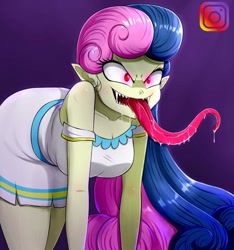 Size: 562x600 | Tagged: safe, artist:the-butch-x, bon bon, sweetie drops, vampire, equestria girls, g4, background human, breasts, busty bon bon, clothes, creepy, dress, drool, fangs, female, instagram, long tongue, open mouth, red eyes, solo, tongue out