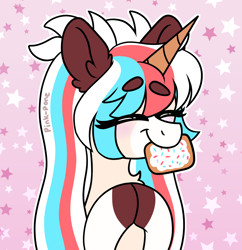 Size: 1450x1500 | Tagged: safe, artist:pink-pone, oc, oc only, pony, unicorn, eyebrows, eyebrows visible through hair, female, food, hooves together, mare, mouth hold, poptart, solo