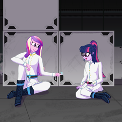 Size: 2000x2000 | Tagged: safe, artist:featherbook, princess cadance, sci-twi, twilight sparkle, fanfic:friendship souls, equestria girls, g4, bleach (manga), clothes, crossover, fanfic art, female, high res, sisters-in-law, smiling, uniform