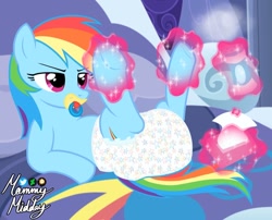 Size: 1024x828 | Tagged: safe, artist:mommymidday, part of a set, rainbow dash, twilight sparkle, pegasus, pony, g4, abdl, adult diaper, adult foal, anatomically incorrect, annoyed, aura, baby powder, baby wipes, bed, bedroom, butt, diaper, diaper butt, diaper change, diaper fetish, female, fetish, glare, incorrect leg anatomy, lesbian, levitation, lidded eyes, lying down, magic, magic aura, non-baby in diaper, offscreen character, on back, pacifier, plot, poofy diaper, rainbow dash's bedroom, rainbow dash's house, rear, ship:twidash, shipping, show accurate, signature, solo, telekinesis