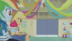 Size: 3410x1920 | Tagged: safe, screencap, applejack, bon bon, lyra heartstrings, rainbow dash, sweetie drops, equestria girls, g4, happily ever after party, happily ever after party: applejack, my little pony equestria girls: better together, adorabon, applejack's hat, belt, clothes, cowboy hat, cupcake, cute, cutie mark on clothes, dashabetes, denim skirt, eyes closed, female, food, geode of super speed, geode of super strength, hat, hoodie, jackabetes, jewelry, magical geodes, necklace, open mouth, shipping, skirt, smiling