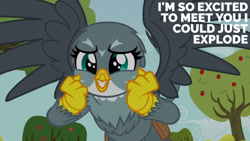 Size: 1280x720 | Tagged: safe, edit, edited screencap, editor:quoterific, screencap, gabby, griffon, g4, season 6, the fault in our cutie marks, cute, female, gabbybetes, smiling, solo, spread wings, tree, wings