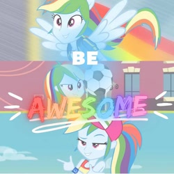 Size: 600x600 | Tagged: safe, edit, edited screencap, editor:dashie.friends, screencap, rainbow dash, equestria girls, equestria girls series, g4, my little pony equestria girls, run to break free, spring breakdown, spoiler:eqg series (season 2), clothes, cutie mark, cutie mark on clothes, female, football, geode of super speed, hoodie, jewelry, magical geodes, necklace, ponied up, smiling, solo, sports, spread wings, wings