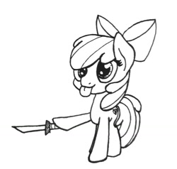 Size: 1495x1424 | Tagged: safe, artist:ewoudcponies, apple bloom, earth pony, pony, g4, :p, black and white, dark, dexterous hooves, female, filly, grayscale, knife, lineart, monochrome, solo, sword, tongue out, traditional art, weapon