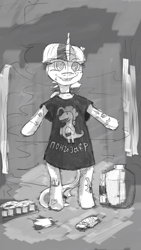 Size: 720x1280 | Tagged: safe, artist:halfaman, twilight sparkle, semi-anthro, g4, arm hooves, bipedal, clothes, cyrillic, grayscale, meme, monochrome, oversized clothes, oversized shirt, russian, shirt, sketch, solo, t-shirt, tattoo