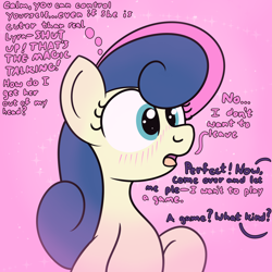 Size: 2000x2000 | Tagged: safe, artist:dafiltafish, bon bon, sweetie drops, oc, oc:hedone, earth pony, pony, comic:day by day, g4, blushing, dialogue, grammar error, high res, out of frame, solo, thoughts