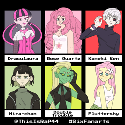 Size: 6000x6000 | Tagged: safe, artist:thisisrap44, fluttershy, gem (race), ghoul, human, monster girl, undead, vampire, equestria girls, g4, bedroom eyes, black sclera, bust, clothes, crossover, disguise, disguised diamond, double trouble, dracula, draculaura, ear piercing, female, gem, hairclip, heterochromia, male, mare, monster, monster high, nonbinary, piercing, quartz, rose quartz (gemstone), rose quartz (steven universe), she-ra and the princesses of power, six fanarts, smiling, steven universe, tokyo ghoul, vegan, vegetarian
