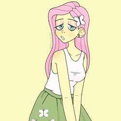 Size: 2500x2500 | Tagged: safe, alternate version, artist:thisisrap44, fluttershy, equestria girls, g4, bedroom eyes, bust, clothes, cutie mark, cutie mark on clothes, ear piercing, female, hairclip, high res, piercing, simple background, solo, yellow background