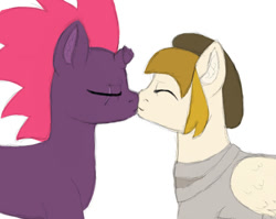Size: 800x637 | Tagged: safe, artist:ukulelepineapplecat, tempest shadow, oc, pegasus, pony, unicorn, g4, beret, broken horn, canon x oc, clothes, duo, eye scar, eyes closed, female, hat, horn, kiss on the lips, kissing, lesbian, mare, pegasus oc, scar, simple background, white background, wings