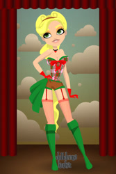 Size: 400x600 | Tagged: safe, artist:kinkei, applejack, human, g4, alternate hairstyle, boots, clothes, cloud, dolldivine, female, garter belt, gloves, hand on hip, humanized, makeup, shoes, socks, solo, stockings, thigh highs
