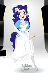 Size: 400x600 | Tagged: safe, artist:kinkei, rarity, human, g4, clothes, cocktail glass, cutie mark, cutie mark on clothes, dolldivine, evening gloves, eyelashes, female, flower, flower in hair, gloves, high heels, humanized, lipstick, long gloves, shoes, solo
