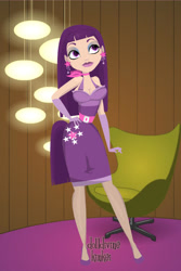 Size: 400x600 | Tagged: safe, artist:kinkei, twilight sparkle, human, g4, alternate hairstyle, chair, clothes, cutie mark, cutie mark on clothes, dolldivine, ear piercing, evening gloves, female, gloves, hand on hip, high heels, humanized, indoors, lipstick, long gloves, makeup, piercing, shoes, skirt, smiling, solo