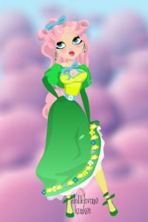 Size: 400x600 | Tagged: safe, artist:kinkei, fluttershy, human, g4, alternate hairstyle, bow, clothes, cloud, dolldivine, dress, female, gala dress, hair bow, hand on hip, humanized, lipstick, solo