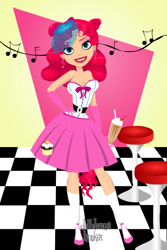 Size: 400x600 | Tagged: safe, artist:kinkei, pinkie pie, human, g4, alternate hairstyle, clothes, cupcake, dolldivine, female, food, grin, humanized, indoors, milkshake, music notes, skirt, smiling, socks, solo, stool