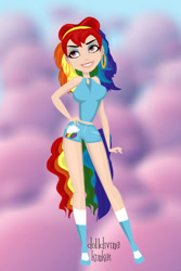 Size: 400x600 | Tagged: safe, artist:kinkei, rainbow dash, human, g4, alternate hairstyle, clothes, cutie mark, cutie mark on clothes, dolldivine, ear piercing, earring, female, grin, hand on hip, humanized, jewelry, piercing, shorts, smiling, solo