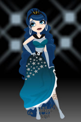 Size: 400x600 | Tagged: safe, artist:kinkei, princess luna, human, g4, alternate hairstyle, clothes, dolldivine, dress, ear piercing, earring, eyelashes, female, hand on hip, humanized, jewelry, lipstick, makeup, piercing, solo
