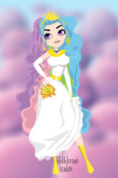 Size: 400x600 | Tagged: safe, artist:kinkei, princess celestia, human, g4, alternate hairstyle, clothes, cutie mark, cutie mark on clothes, dolldivine, dress, ear piercing, earring, evening gloves, female, gloves, hand on hip, humanized, jewelry, long gloves, makeup, necklace, piercing, smiling, solo