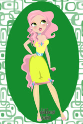 Size: 400x600 | Tagged: safe, artist:kinkei, fluttershy, human, g4, abstract background, alternate hairstyle, clothes, dolldivine, dress, ear piercing, female, hand on hip, high heels, humanized, lipstick, piercing, shoes, solo