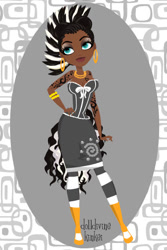 Size: 400x600 | Tagged: safe, artist:kinkei, zecora, human, g4, 2012, alternate hairstyle, bracelet, clothes, cutie mark, cutie mark on clothes, dark skin, dolldivine, ear piercing, earring, eyelashes, female, hand on hip, humanized, jewelry, makeup, mohawk, neck rings, piercing, skirt, socks, solo, striped socks