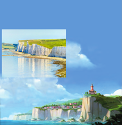 Size: 861x882 | Tagged: safe, edit, g5, cliff, cloud, lighthouse, maretime bay, no pony, ocean, scenery, white cliffs of dover