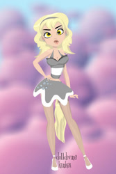 Size: 400x600 | Tagged: safe, artist:kinkei, derpy hooves, human, g4, alternate hairstyle, clothes, cloud, cutie mark, cutie mark on clothes, dolldivine, female, hand on hip, high heels, humanized, needs more jpeg, shoes, skirt, solo