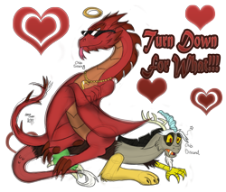 Size: 3229x2750 | Tagged: safe, alternate version, artist:chibi-n92, discord, draconequus, dragon, g4, black eye, blushing, bruised, colored, confused, crossed arms, halo, heart, high res, jewelry, lord of the rings, male, monochrome, necklace, sitting, smaug the golden, smug, sunglasses