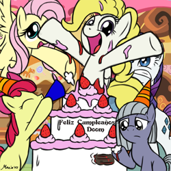 Size: 1500x1500 | Tagged: safe, artist:srmario, apple bloom, fluttershy, limestone pie, rarity, surprise, earth pony, pegasus, pony, unicorn, g4, cake, eyelashes, food, frown, happy birthday, hat, hoof hold, indoors, open mouth, party hat, party horn, shocked, smiling, strawberry, underhoof, wings
