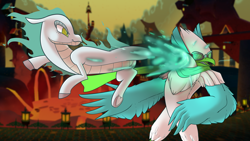 Size: 2450x1378 | Tagged: safe, artist:hitsuji, artist:mane6, tianhuo (tfh), avian, dragon, hybrid, longma, them's fightin' herds, community related, duo, fire, goggles, kicking, rivals of aether, wrastor (roa)