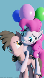 Size: 1080x1920 | Tagged: safe, artist:ace play, pinkie pie, oc, oc:ace play, earth pony, pony, g4, 3d, balloon, blender, canon x oc, facial hair, female, floating, goatee, grin, hug, male, mare, not sfm, pinkieplay, ponies riding ponies, riding, shipping, smiling, stallion, straight, then watch her balloons lift her up to the sky