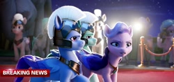 Size: 1605x762 | Tagged: safe, screencap, queen haven, thunder flap, zoom zephyrwing, pegasus, pony, g5, my little pony: a new generation, spoiler:my little pony: a new generation, 3d, armor, breaking news, camera, carpet, female, guard, guardsmare, helmet, male, mare, news report, pegasus royal guard, red carpet, royal guard, stallion