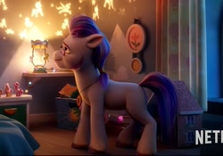 Size: 919x642 | Tagged: safe, screencap, argyle starshine, earth pony, pony, g5, my little pony: a new generation, 3d, bed, bedroom, blanket, curtains, glasses, jewelry, male, necklace, solo, stallion, unshorn fetlocks