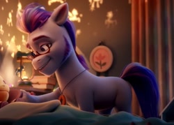 Size: 1034x741 | Tagged: safe, screencap, argyle starshine, sunny starscout, earth pony, pony, g5, my little pony: a new generation, spoiler:my little pony: a new generation, 3d, bed, bedroom, blanket, curtains, father and child, father and daughter, female, filly, filly sunny starscout, glasses, jewelry, male, necklace, skunk stripe, solo, stallion, unshorn fetlocks, younger