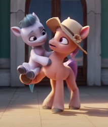 Size: 624x733 | Tagged: safe, screencap, cobalt clay, marigold bloom, earth pony, pony, g5, my little pony: a new generation, 3d, colt, duo, female, hat, looking at each other, male, mare, markings, open mouth, raised hoof, sun hat, unshorn fetlocks