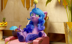 Size: 876x531 | Tagged: safe, screencap, izzy moonbow, pony, unicorn, g5, my little pony: a new generation, spoiler:my little pony: a new generation, 3d, ball, banana, coconut cup, cucumber, food, horn, hornball, izzy's tennis ball, massage chair, pineapple, solo, tennis ball, zephyr heights