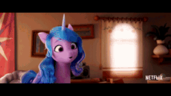 Size: 520x293 | Tagged: safe, screencap, izzy moonbow, g5, my little pony: a new generation, spoiler:my little pony: a new generation, 3d, animated, beans, can, food, gif, horn, horn poke, izzy's beans, meme origin, pony history