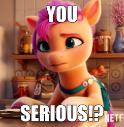 Size: 1407x1440 | Tagged: safe, edit, edited screencap, screencap, sunny starscout, earth pony, pony, g5, my little pony: a new generation, spoiler:my little pony: a new generation, 3d, caption, female, image macro, j.k. simmons, male, mare, solo, spider-man, text, text edit