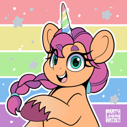 Size: 4000x4000 | Tagged: safe, artist:partypievt, sunny starscout, earth pony, pony, g5, spoiler:g5, braid, braided ponytail, cute, fake horn, fake unicorn, rainbow, solo, sparkles, sunnybetes, that was fast, unicorn costume, unshorn fetlocks