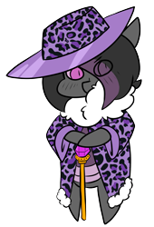 Size: 1511x2218 | Tagged: safe, artist:mimicryfluffoarts, part of a set, oc, oc only, oc:mimicry, cane, clothes, female, fluffy, gem, hat, leopard print, mare, mimicry's silly doodles, pimp, shiftling