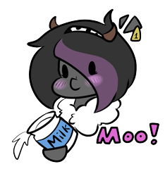 Size: 1131x1210 | Tagged: safe, artist:mimicryfluffoarts, part of a set, oc, oc only, oc:mimicry, pony, chibi, cow horns, ear tag, exploitable meme, female, fluffy, mare, meme, milk, mimicry's silly doodles, moomoocry-milkies, shiftling, spilled milk