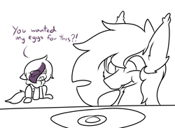 Size: 3000x2192 | Tagged: safe, artist:mimicryfluffoarts, part of a set, oc, oc only, oc:mimicry, bat pony, bat pony oc, chibi, crying, eating, egg, female, high res, how could you do such a horrible thing?, male, mare, mimicry's silly doodles, shiftling, stallion