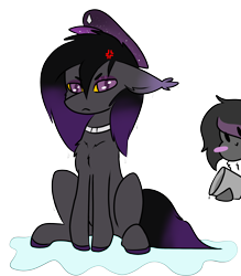 Size: 2488x2840 | Tagged: safe, artist:mimicryfluffoarts, part of a set, oc, oc only, oc:mimicry, bat pony, angry, bat pony oc, blushing, bucket, chibi, collar, dyed mane, dyed tail, female, fluffy, hat, high res, male, mare, mimicry's silly doodles, puddle, shiftling, smiling, stallion, water, wet, wet mane, zenaris is a stinky bat