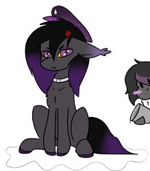 Size: 2488x2840 | Tagged: safe, artist:mimicryfluffoarts, part of a set, oc, oc only, oc:mimicry, bat pony, angry, bat pony oc, blushing, bucket, chibi, collar, dyed mane, dyed tail, female, fluffy, frown, hat, high res, male, mare, milk, mimicry's silly doodles, puddle, shiftling, smiling, stallion, wet, wet mane, zenaris is a stinky bat