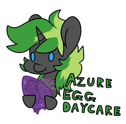 Size: 1808x1776 | Tagged: safe, artist:mimicryfluffoarts, part of a set, oc, oc only, oc:azure slash, pony, unicorn, carrying, changeling egg, chibi, male, mimicry's silly doodles