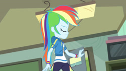 Size: 3410x1920 | Tagged: safe, screencap, rainbow dash, equestria girls, g4, happily ever after party, happily ever after party: rainbow dash, my little pony equestria girls: better together, clothes, cutie mark, cutie mark on clothes, eyes closed, female, geode of super speed, hoodie, jewelry, magical geodes, necklace, solo, television