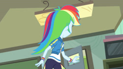 Size: 3410x1920 | Tagged: safe, screencap, rainbow dash, equestria girls, g4, happily ever after party, happily ever after party: rainbow dash, my little pony equestria girls: better together, bracelet, clothes, cutie mark, cutie mark on clothes, female, geode of super speed, hoodie, jewelry, looking back, magical geodes, necklace, pants, solo, sweatpants, television