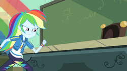 Size: 3410x1920 | Tagged: safe, screencap, rainbow dash, equestria girls, g4, happily ever after party, happily ever after party: rainbow dash, my little pony equestria girls: better together, chalkboard, clothes, cutie mark, cutie mark on clothes, female, geode of super speed, hoodie, jewelry, magical geodes, necklace, rainbow trail, solo