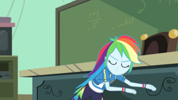 Size: 3410x1920 | Tagged: safe, screencap, rainbow dash, equestria girls, g4, happily ever after party, happily ever after party: rainbow dash, my little pony equestria girls: better together, chalkboard, clothes, cutie mark, cutie mark on clothes, eyes closed, female, geode of super speed, hoodie, jewelry, magical geodes, necklace, solo, television