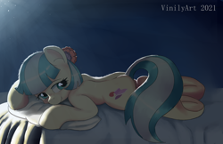 Size: 990x643 | Tagged: safe, artist:vinilyart, coco pommel, earth pony, pony, g4, adorasexy, bed, cocobetes, cute, female, frog (hoof), hair accessory, lighting, lying down, mare, pillow, prone, sexy, smiling, solo, sultry, underhoof