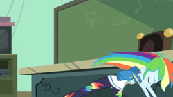 Size: 3410x1920 | Tagged: safe, screencap, rainbow dash, equestria girls, g4, happily ever after party, happily ever after party: rainbow dash, my little pony equestria girls: better together, my little pony equestria girls: choose your own ending, chalkboard, clothes, cutie mark, cutie mark on clothes, eyes closed, female, geode of super speed, hoodie, jewelry, magical geodes, necklace, solo, television